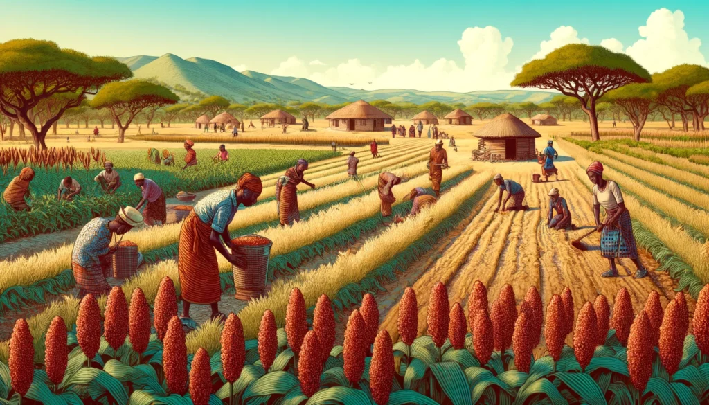 Agriculture Directory -- A vibrant, detailed medium shot illustration depicting agriculture in Botswana. The scene features farmers working in sorghum fields, planting and har2 Agriculture Directory -- A vibrant, detailed medium shot illustration depicting agriculture in Botswana. The scene features farmers working in sorghum fields, planting and har2