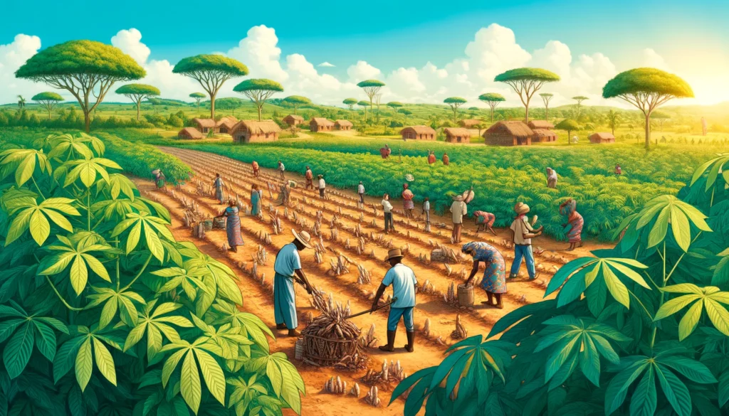 Agriculture Directory -- A vibrant, detailed medium shot illustration depicting agriculture in Angola. The scene features farmers working in cassava fields, harvesting and pla1