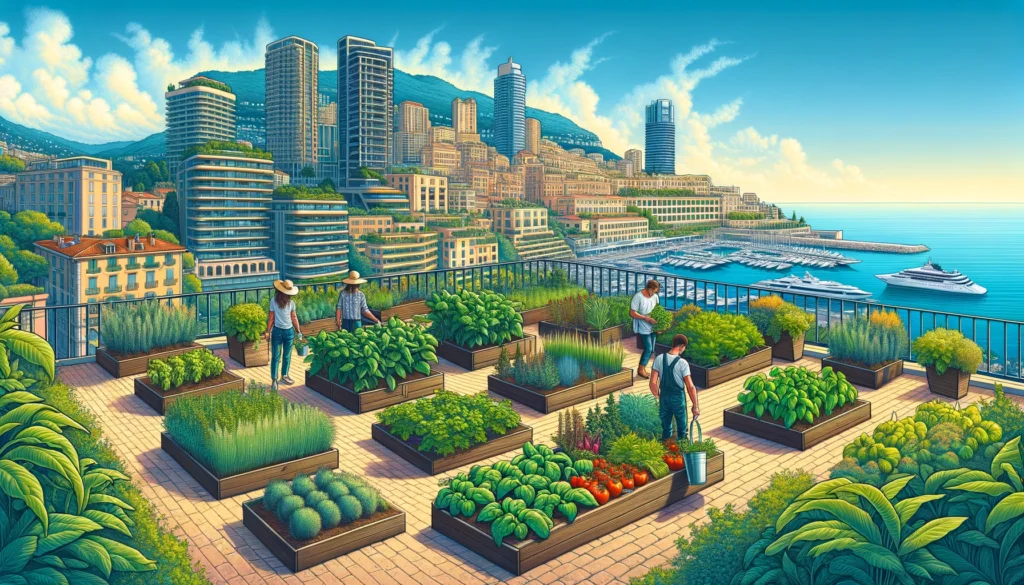 Agriculture Directory -- A vibrant, detailed medium shot illustration depicting agriculture in Monaco. The scene features a rooftop garden with various herbs and vegetables gr2