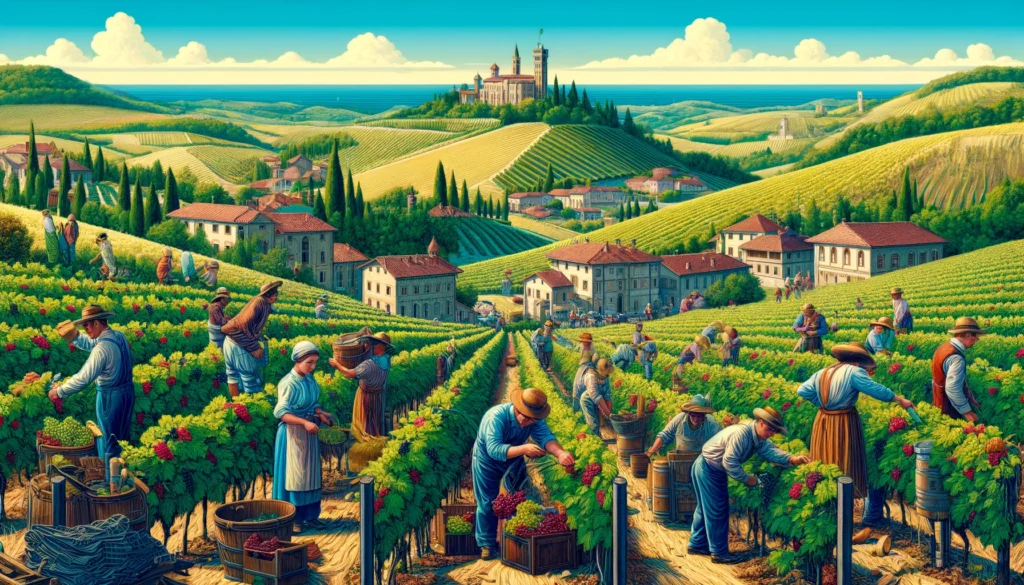 Agriculture Directory -- A vibrant, detailed medium shot illustration depicting agriculture in San Marino. The scene features farmers working in vineyards, harvesting grapes f2 Agriculture Directory -- A vibrant, detailed medium shot illustration depicting agriculture in San Marino. The scene features farmers working in vineyards, harvesting grapes f2