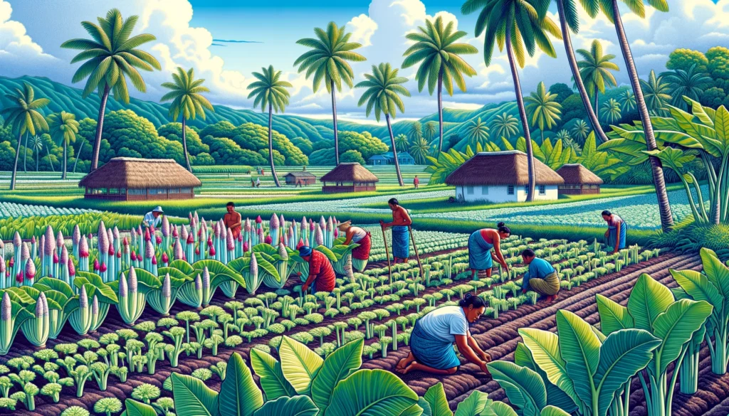 Agriculture Directory -- A vibrant, detailed medium shot illustration depicting agriculture in Tonga. The scene features farmers working in taro fields, harvesting and plantin2 Agriculture Directory -- A vibrant, detailed medium shot illustration depicting agriculture in Tonga. The scene features farmers working in taro fields, harvesting and plantin2