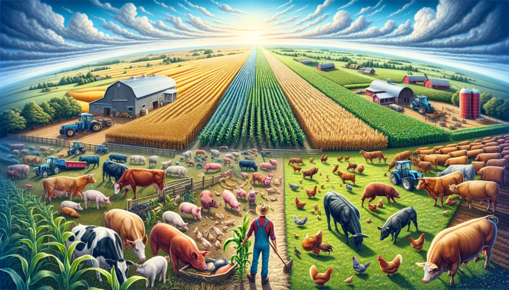 Agriculture Directory A vivid and detailed wide illustration of agriculture in the USA, combining both crop farming and livestock farming. The scene depicts a harmonious bl