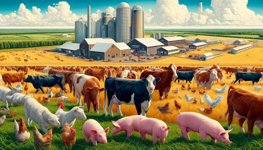 Agriculture Directory A vivid and detailed wide illustration of diverse livestock farming in the USA. The scene includes a variety of animals such as cattle, pigs, and chic