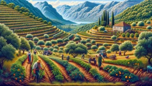 Agriculture in Montenegro - A vivid and detailed illustration of agriculture in Montenegro, showcasing a diverse landscape. The scene features terraced vineyards on hill slopes, (1) Agriculture in Montenegro - A vivid and detailed illustration of agriculture in Montenegro, showcasing a diverse landscape. The scene features terraced vineyards on hill slopes, (1)