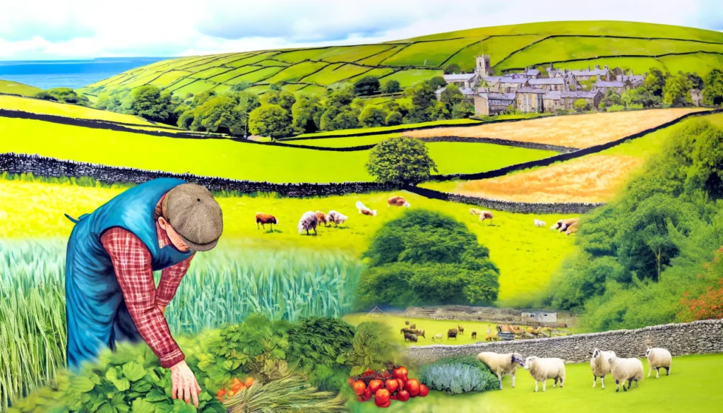 Agriculture in the United Kingdom - A vivid and detailed wide illustration of agriculture in the United Kingdom, capturing the diverse and picturesque rural landscape. The scene includes (2) Agriculture in the United Kingdom - A vivid and detailed wide illustration of agriculture in the United Kingdom, capturing the diverse and picturesque rural landscape. The scene includes (2)