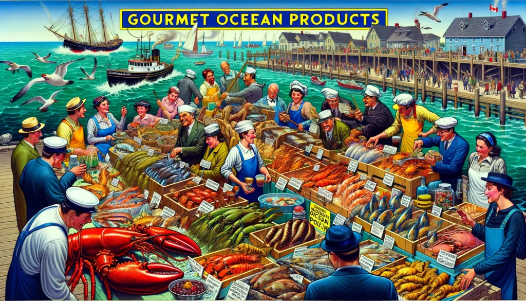 Gourmet Ocean Products in Canada - A vibrant and detailed Mad Magazine-style illustration titled 'Gourmet Ocean Products' depicting a seafood company in Canada. The scene shows a bustli (1) Gourmet Ocean Products in Canada - A vibrant and detailed Mad Magazine-style illustration titled 'Gourmet Ocean Products' depicting a seafood company in Canada. The scene shows a bustli (1)