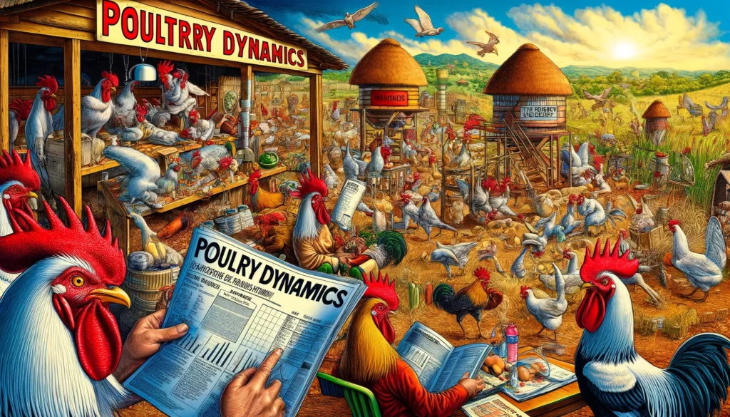 Poultry Dynamics and “Poultry Dynamics Farm” in Zimbabwe - A detailed and vivid Mad Magazine-style illustration of 'Poultry Dynamics Farm' in Zimbabwe. The scene showcases a lively and bustling poultry farm wi (1)